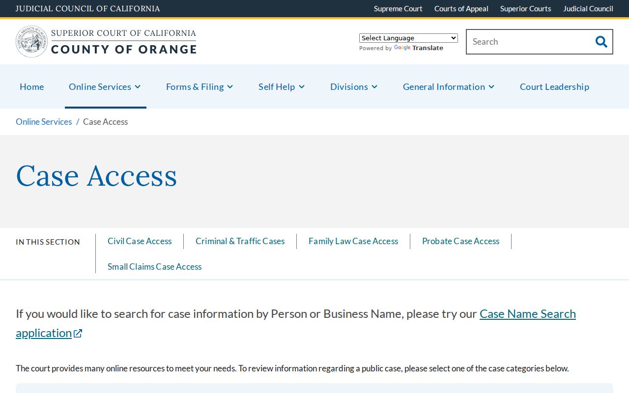 Orange County residents directory Superior Court case access