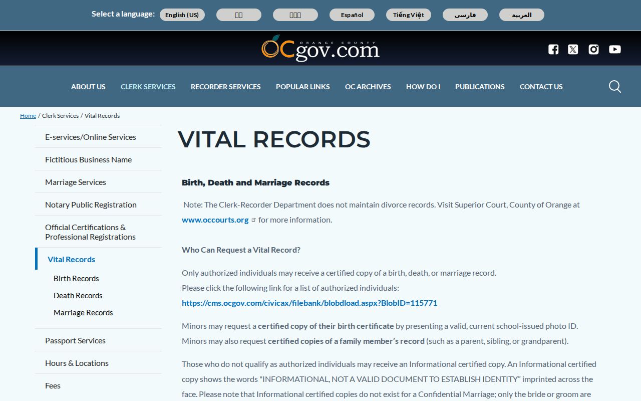 Orange County residents directory vital records access