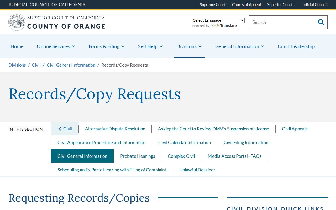 Orange County resident lookup civil court copy request