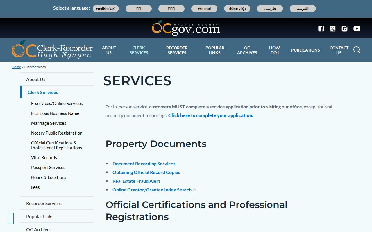 Orange County street directory Clerk-Recorder services